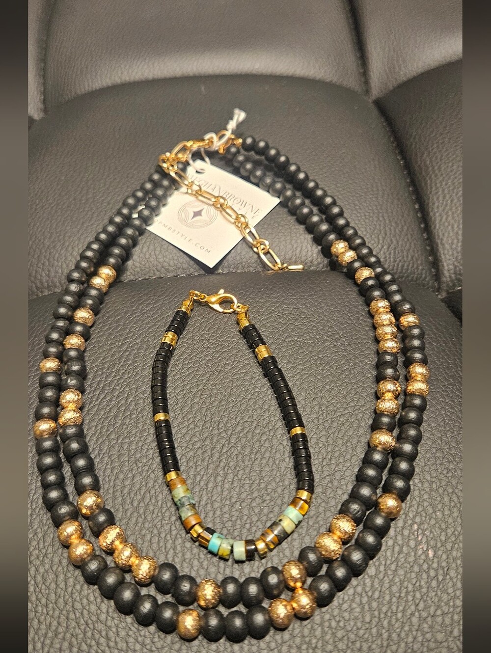 Matte Black and Gold Beaded Necklace and Bracelet Set